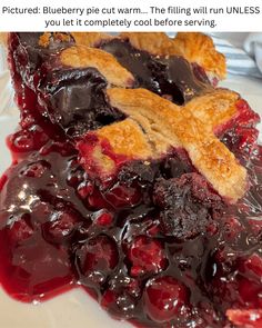 a piece of pie on a plate with blueberries and sauce in the middle,