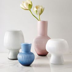 three different colored vases with flowers in them