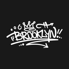 the word brooklyn written in white ink on a black background with an arrow pointing to it