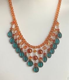 Zircon Blue and Fire Opal Glass Bead Bib Statement Necklace Czech Jewelry, Festoon Necklace, Beaded Bib Necklace, Bead Necklaces, Bib Necklaces, Wrapped Jewelry, Beaded Necklaces, Bib Necklace, Wire Wrapped Jewelry