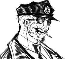 a black and white drawing of a man in a police hat with glasses on his face