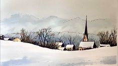 a painting of a snowy landscape with houses and mountains in the background, watercolor on paper