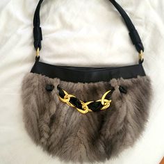 Vintage Paolo Masi. Made In Italy. Real Mink Fur. Leather Handle With Gold Heavy Link Chain. Gray Leather Evening Shoulder Bag, Evening Gray Leather Shoulder Bag, Gray Evening Bags With Gold-tone Hardware, Gray Luxury Shoulder Bag For Evening, Mink Fur, Leather Handle, Link Chain, Black Gray, Black And Grey