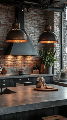 Modern industrial kitchen with oversized pendant lights, wood countertop, brick wall backdrop, and green plants. Aesthetic blend of modern and rustic design. Classical Home Design, Modern Industrial Kitchen Design, Modern Rustic Chandelier, Luxury Basement, Kitchen Cabinet Organization Layout, Kitchen Beach House, New Home Interior Design, Brick Feature Wall