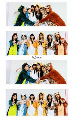 four different pictures of people in costumes posing for a photo booth with one person making the peace sign