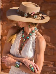 This is the flagship Brit West concho hatband for sure! Beautifully inspired from our custom concho belts with 1.5 inch handmade round conchos. Matching our Navajo concho hair tie, such a great piece to pair. I have searched the world over for perfect vintage leather and great colorful American turquoise. These hatbands are made from old latigos, used by cowboys across the American west. Stones will vary, but are mostly soft greens and blue American turquoise. These are sized to fit any hat with Rancher Hat Outfits, Felt Money, Native American Clothes, Spanish Hat, Concho Belts, Gambler Hat, Sombrero Hat, Moda Country, Ranch Wear