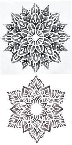 an intricate flower design is shown in black and white, while the other image has been drawn