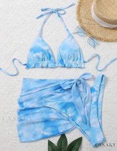 Lasaky - Stylish Three-Piece Swimwear Set with Tie-Dye Design - Bikini Swimsuit with Skirt Trajes Kylie Jenner, Pool Outfits, Triangle Bathing Suit, Halter Bathing Suit, Floral Swimwear, Halter Swimwear, Skirted Swimsuit, Beach Skirt, Swimwear Sets