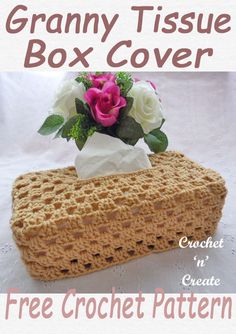 a crochet tissue box cover with flowers in it and the text granny tissue box cover