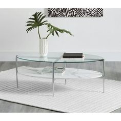 a glass coffee table sitting on top of a rug next to a potted plant