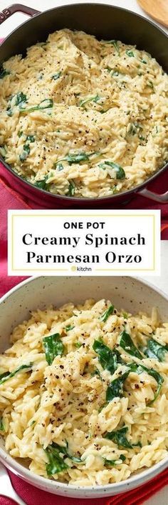 one pot creamy spinach parmesan orzo in a white pan on a red cloth