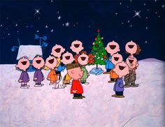 a group of cartoon characters standing in front of a christmas tree