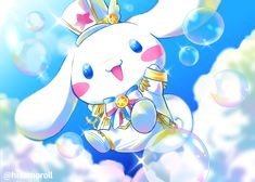 a white rabbit with a crown on its head is in the air surrounded by bubbles