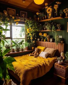 a bedroom with green walls and lots of plants on the shelves above the bed, along with a teddy bear