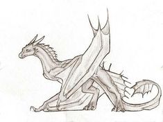 a drawing of a dragon sitting on the ground with its head turned to the side