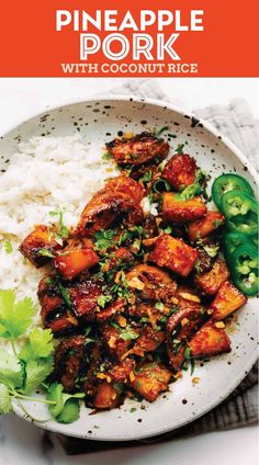 pineapple pork with coconut rice on a plate