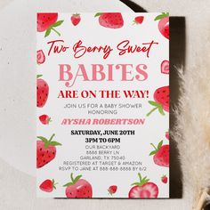 two berry sweet baby shower are on the way with pink and red strawberries all over it