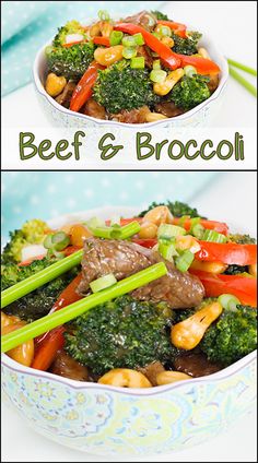 beef and broccoli stir fry in a bowl with chopsticks on the side