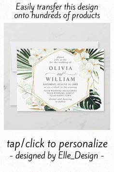 the wedding stationery is designed with tropical leaves and flowers