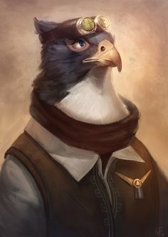 an eagle wearing a hat and vest with goggles on it's head, in front of a beige background