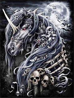 a horse with long hair and skulls on it's face in front of a full moon