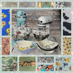 a collage of pictures with different types of mixers and bowls on them, including one being used as a stand mixer