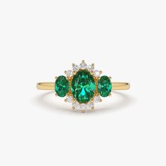 14k Oval Shape Emerald and Diamond 3 Stone Ring – FERKOS FJ Emerald Ring Vintage, Emerald Rings, 3 Stone Rings, Dream Engagement Rings, Local Jewelry, Emerald Jewelry, Favorite Rings, Emerald Ring, Perfect Ring