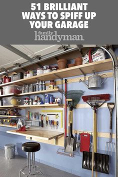 a garage filled with lots of tools and storage shelves next to a wall mounted shelf