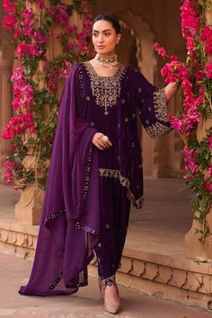 Purple asymmetric kurta with all over gold hand embroidery using zardozi, patra work. Paired with a coordinating salwar and dupatta. - Aza Fashions Purple Salwar Suit, Velvet Kurti, Asymmetric Kurta, Purple Silk Dress, Velvet Embroidery, Salwar Pattern, Women Kurta, Purple Suits, Fancy Dresses Long