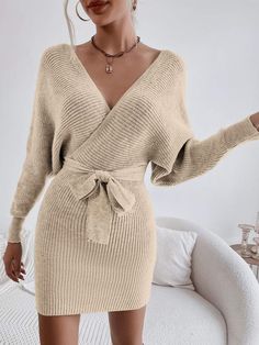 Open Back Wrap Sweater Dress Moda Z Lat 70., Short Sweater Dress, Backless Sweater, Wrap Sweater Dress, Belted Sweater, Tie Sweater, Ladies Turtleneck Sweaters, Sweater Dresses, Khaki Dress