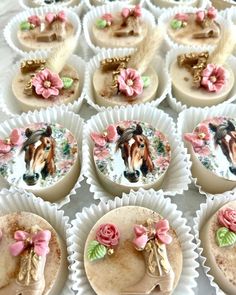 cupcakes decorated with horse images and flowers