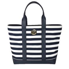 Travel Tote Chic Michael Kors Bags In Coated Canvas, Chic Michael Kors Bag With Large Capacity, Chic Navy Bag For On-the-go, Classic Navy Shopping Bag, Chic Navy Bags With Leather Handles, Chic Navy Bag With Leather Handles, Navy Shopping Bag With Gold-tone Hardware, Michael Kors Handbags Tote, Canvas Leather Tote Bag