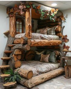 a bed made out of logs in a room