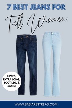 Check out this post for the 7 best blue jeans for tall women! Whether you're looking for mom, flare, straight leg, skinny, or ripped jeans, I've got you! These trendy jeans will help you craft the perfect outfit - check them out now! Trendy Jeans, Outfit Check