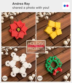 four christmas ornaments made out of legos on a wooden floor with the words holiday build - yourself projects