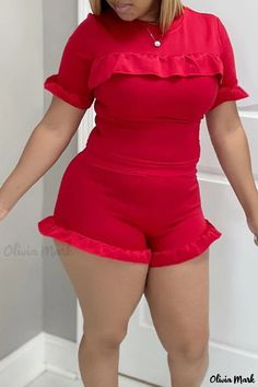 Olivia Mark - Womens Elegant Blue Two-Piece Flounce O-Neck Short Sleeve Ensemble Casual Red Solid Color Jumpsuits And Rompers, Casual Red Jumpsuit And Romper, Casual Red Jumpsuits And Rompers, Red Fitted Casual Jumpsuit/romper, Fitted Red Casual Jumpsuits And Rompers, Red Fitted Casual Jumpsuits And Rompers, Red Fitted Casual Jumpsuit, Casual Red Jumpsuit, Style Bleu