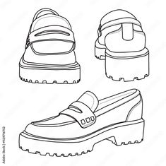 Women's Loafers Slip On Shoes Line art, Technical sketch hand drawing outline vector doodle various view isolated on white background for coloring page