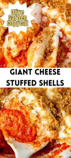 two pictures with the words giant cheese stuffed shells on them and an image of meat covered in sauce