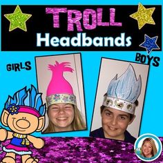 two girls wearing trolly hats and smiling for the camera with stars in the background