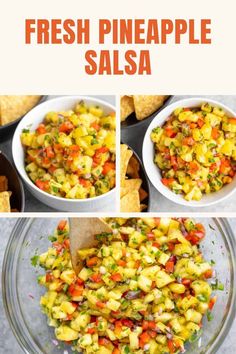 pineapple salsa in a glass bowl with tortilla chips on the side and an image of fresh pineapple salsa