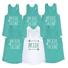 six bride tank tops with arrows and the words bride tribe printed on them in different colors