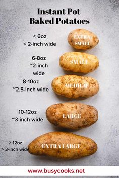 three potatoes are shown with the words instant pot baked potatoes