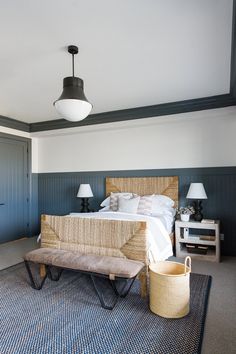 a bedroom with blue walls and white bedding has a bench in front of the bed