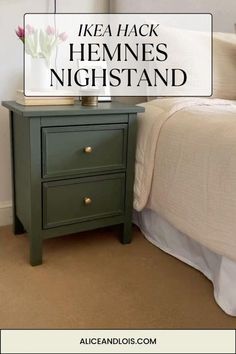 a green nightstand sitting next to a bed in a bedroom