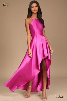 Raise a glass in the Broadway Show Magenta High-Low Gown! Medium-weight woven taffeta, with a high shine sheen, shapes this show-stopping gown with adjustable spaghetti straps, an apron neckline, and a princess-seamed bodice. Fitted, banded waist sits atop a flowy, high-low maxi skirt with box pleats, side seam pockets, and a voluminous silhouette. Hidden back zipper/clasp. Fit: This garment fits true to size. Length: Floor length. Size medium measures 57" from adjustable straps to hem. Bust: Gr Broadway Show, High Low Gown, Magenta Dress, Clothes Spring, High Low Maxi Dress, Outfits Dresses, Spring Clothes, Prom Dress Shopping, Dresses Outfits