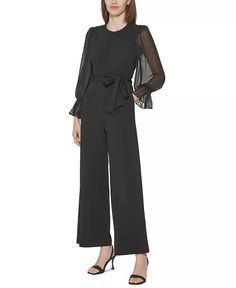 Calvin Klein - Petite Sheer-Sleeve Jumpsuit Jumpsuit Sleeves, Belt Jumpsuit, Jumpsuit Dressy, Jumpsuit Elegant, Calvin Klein Pants, Jumpsuit Online, Womens Capris, Calvin Klein Women