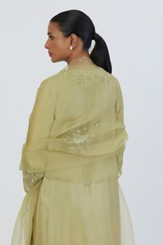 Pista green organza dupatta with thread embroidery. - Aza Fashions Green Silk Salwar Kameez For Formal Occasions, Green Organza Anarkali Set With Cutdana, Green Organza Kurta With Sheer Dupatta, Organza Kurta In Pista Green With Sheer Dupatta, Green Organza Dupatta For Formal Occasions, Green Silk Unstitched Suit For Formal Occasions, Formal Green Salwar Kameez With Sheer Dupatta, Formal Green Georgette Salwar Kameez, Formal Pista Green Sets With Chikankari Embroidery