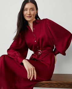 Beautifully belted, our satiny shirtdress is the answer to around-the-clock ease. Point collar. Long sleeves with button cuffs. Button front. Self tie D-ring belt. Lined body.,Hit:32" from natural waist,Imported:Imported,Fit:Hits at mid-calf,Fabrication:100 % Polyester,Garment Care:Machine Washable Belted Midi Shirtdress by Ann Taylor Size regular - 4 Deep Auburn Women's Shirtdress, Regular, Split, Neck, Long, Sleeve, Dresses, 100, %, Polyester, Machine, Washable Ann Taylor Outfits, Auburn Dress, Ann Taylor Outfit, Deep Auburn, Female Features, Ring Belt, Crochet Clothing, Long Sleeve Dresses, Sleeve Dresses