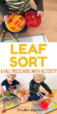 two children playing with leaf sort and fall preschool math activity