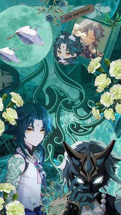 two anime characters standing next to each other in front of flowers and an image of birds